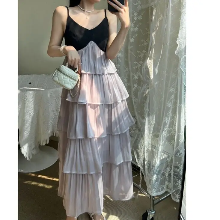 Summer Mermaid Ji Flowing Contrast Color Spliced Sling Ruffled Cake Skirt Women's Sweet V-neck High Waist Vacation Long Skirt