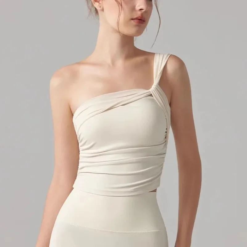 Sports Lingerie Women Summer One-shoulder Fixed Cup Yoga Suit Vest Outside Wearing Beautiful Back Pilates Training Fitness Bra