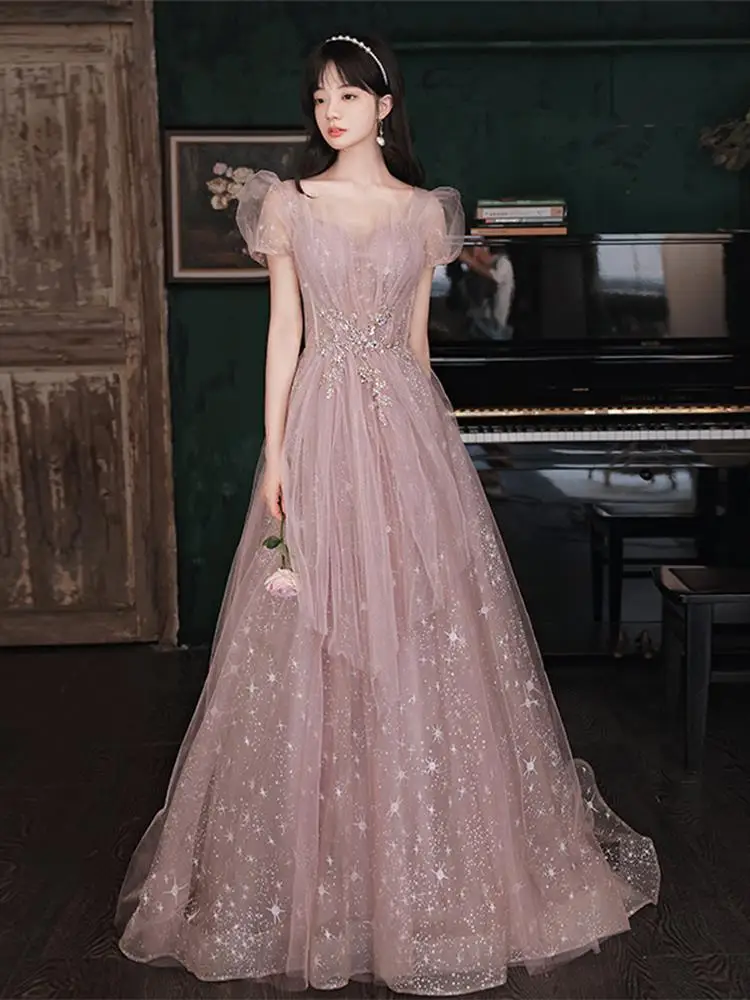 

Pink Banquet Evening Dress Women Appliques Sequin Puff Sleeves Sweet Quinceanera Dresses Exquisite Elegant Graduation Gown