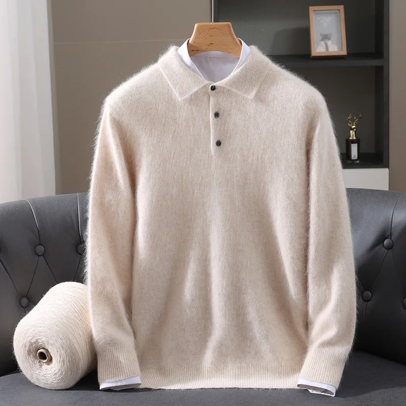 

Autumn Winter Men's Polo Thick Pullover Classical Smart Casual Cashmere Sweater 100% Mink Cashmere Knitwear Business Comfy Tops