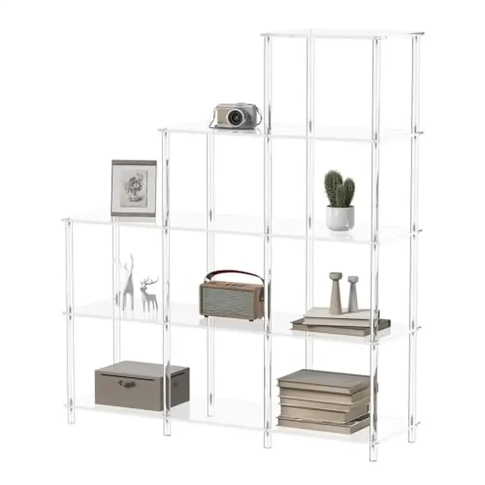 Acrylic Stepped Bookshelf 9 Cube Bookcase Clear Storage Shelf Modern Design Waterproof Easy Assemble Home Office Living Room