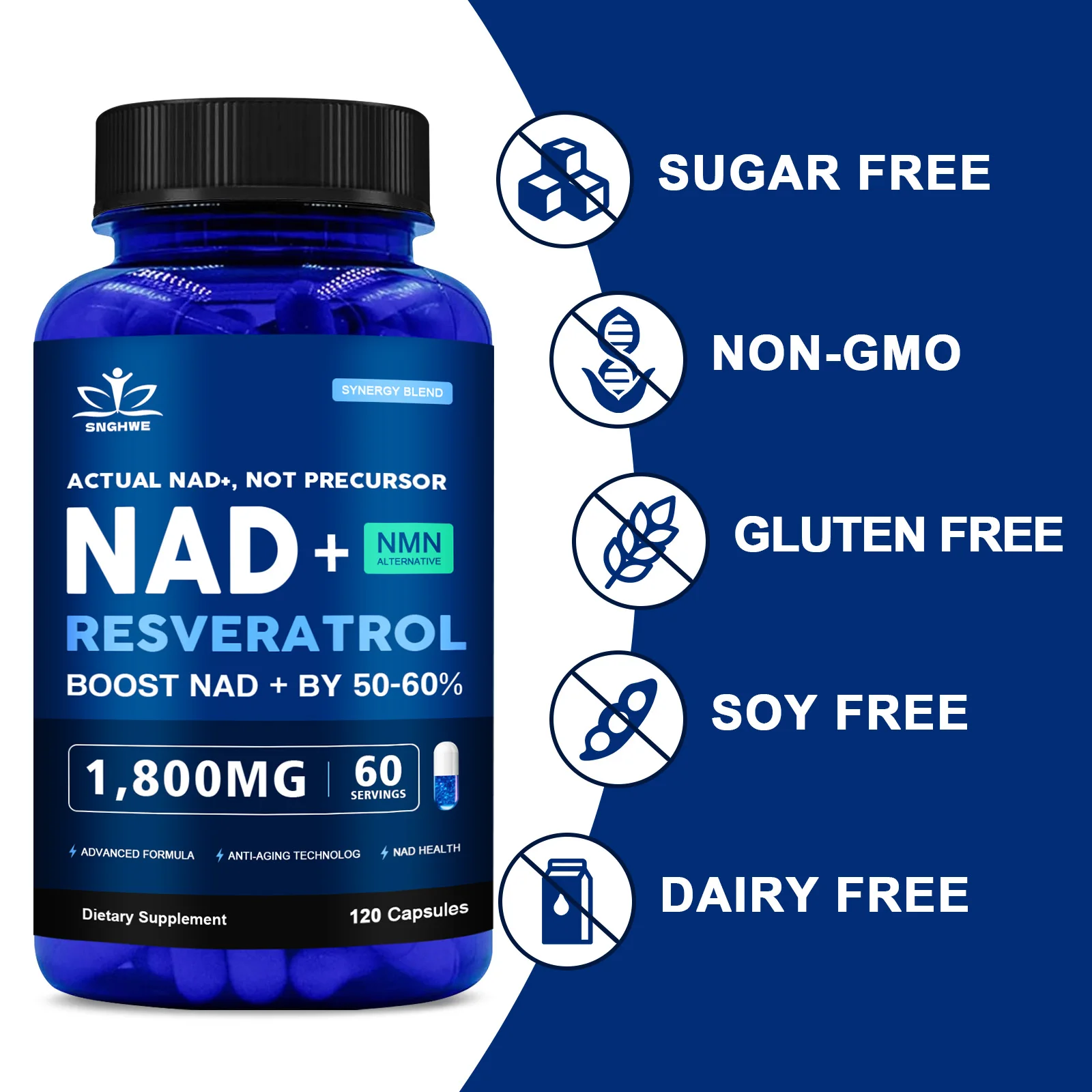 NAD+ Supplement with Trans Resveratrol、TMG、Vitamins B3 - Cell Energy, Cognition, Healthy Aging & Detox Support for Men & Women
