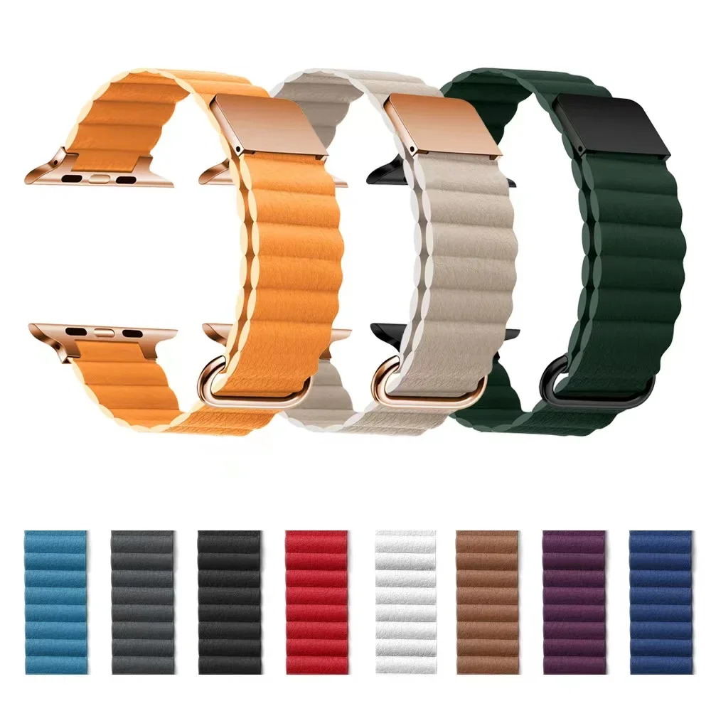 Bracciale magnetico in pelle per Apple Watch 49mm 45mm 41mm 44mm 42mm 46mm cinturino in metallo in acciaio inossidabile iWatch Ultra 10 9 8 7 6 5 SE