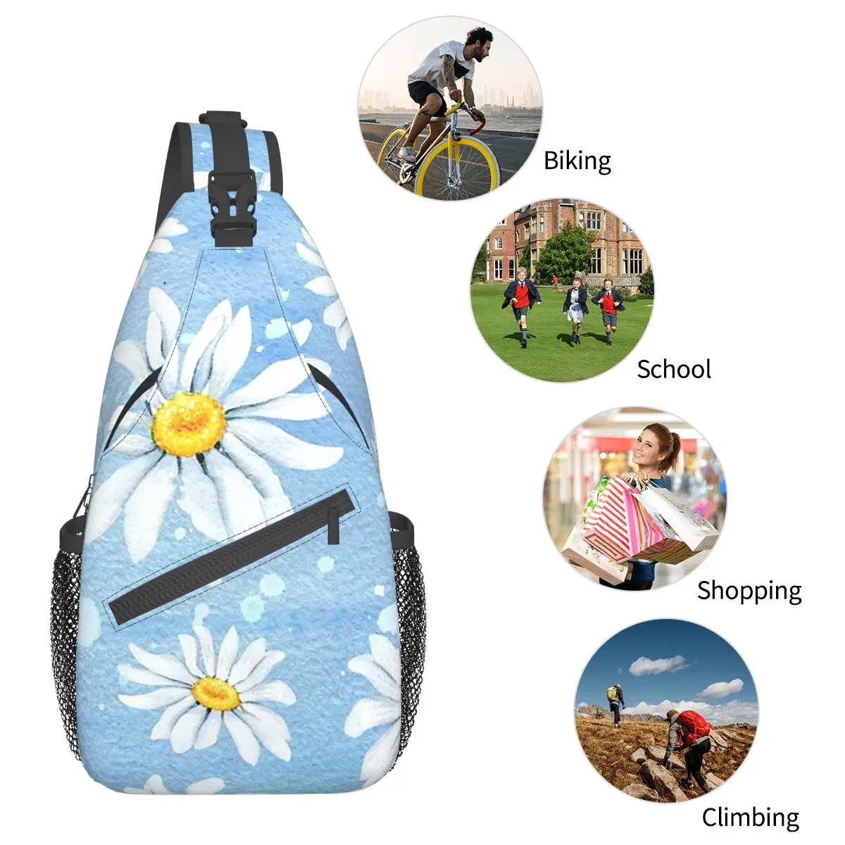 Daisies Flowers Floral Sling Bag Chest Crossbody Shoulder Sling Backpack Outdoor Sports Daypacks Watercolor Cool Bags