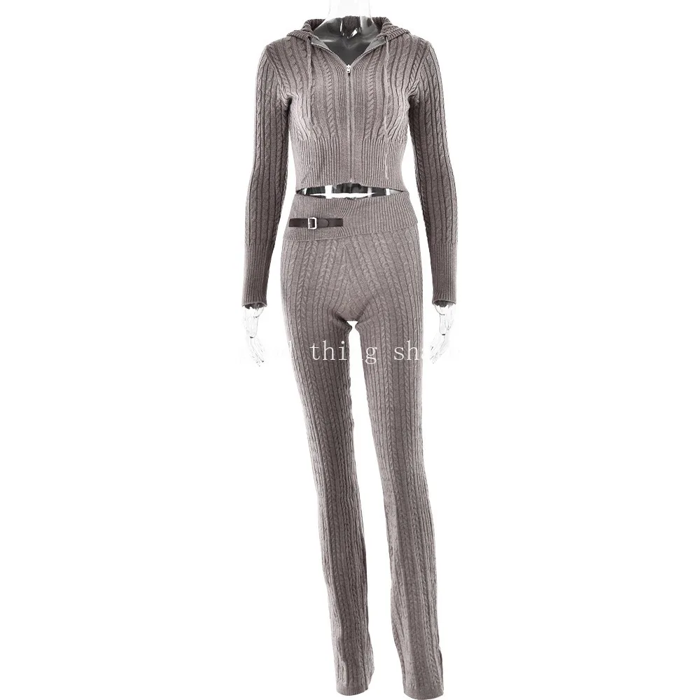 

New Sexy Fashion Long Sleeve Hooded Top Straight-Leg Pants Knitted Sweater Suit Women