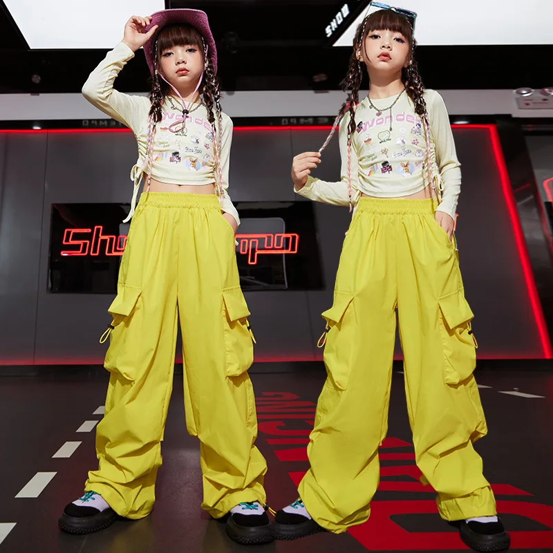 

Kid Hip Hop Clothing Cute Ruched Crop Top Long Sleeve T Shirt Yellow Casual Wide Cargo Pants for Girl Jazz Dance Costume Clothes