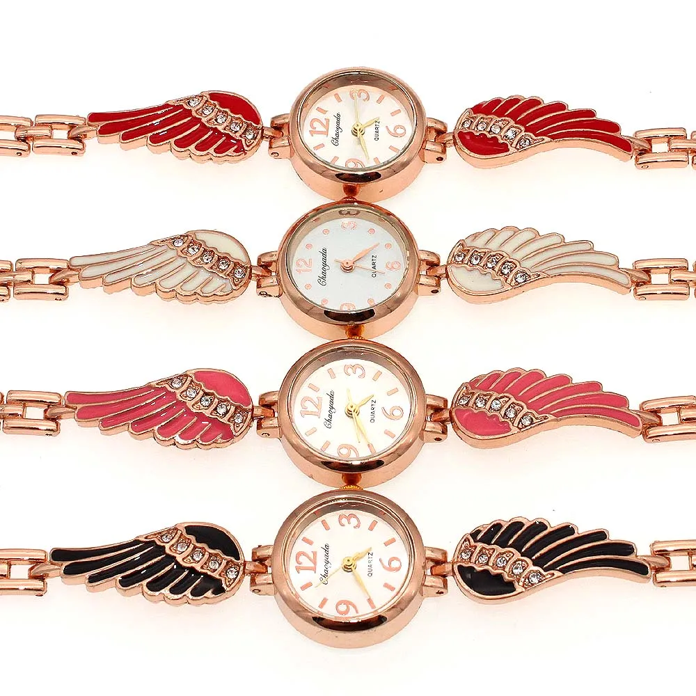 

4Pcs Colorful Angel Wing Band Rhinestone Dress Watch for Women Girls Quartz Hour Wristwatch with Crystal Details