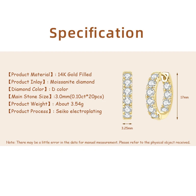 OXTAO 14K Goldfilled Moissanit Creolen für Damen, runder Schliff, Labor-Diamant, U-förmige Ohrringe, Schmuck, 3mm, D-Farbe, zertifiziert – Detail 1