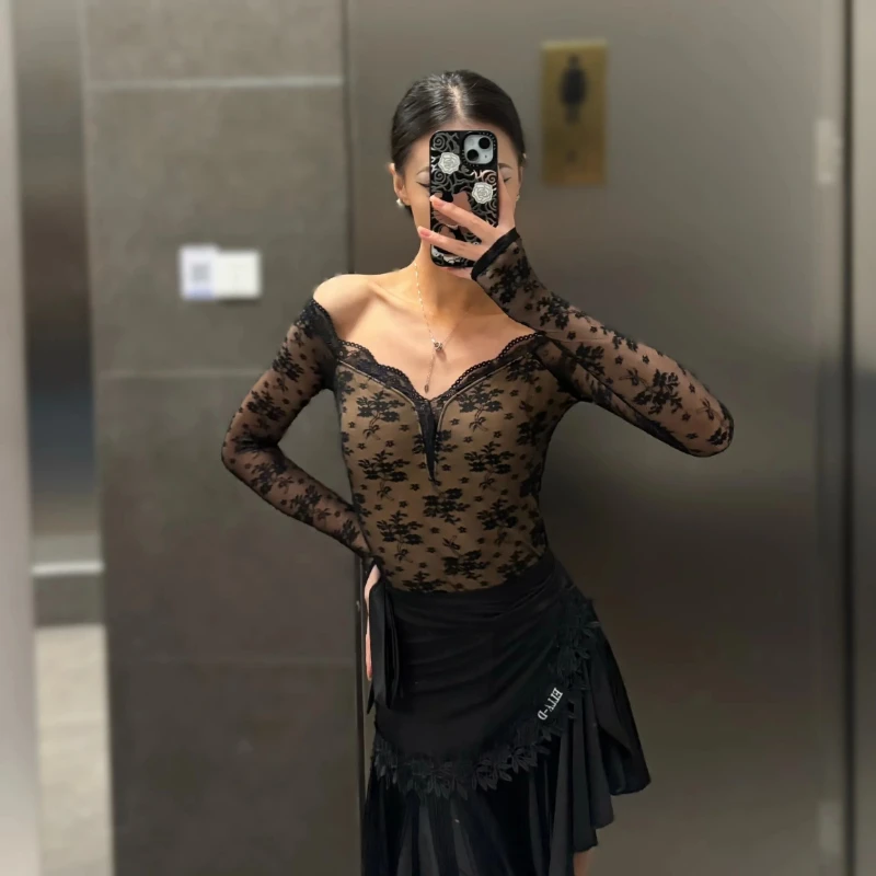 

Latin Dance Dress Clothing for Women White Black Lace Long Sleeves Tops Fringes Skirt Set Competition Rumba Cha Cha Dancewear