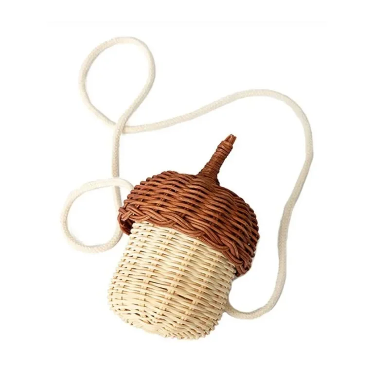 Acorn Tote Bag Handmade Rattan Mushroom Storage Box Woven Toy Basket For Kids Nursery Photo Prop Table Decor Gift For Girls