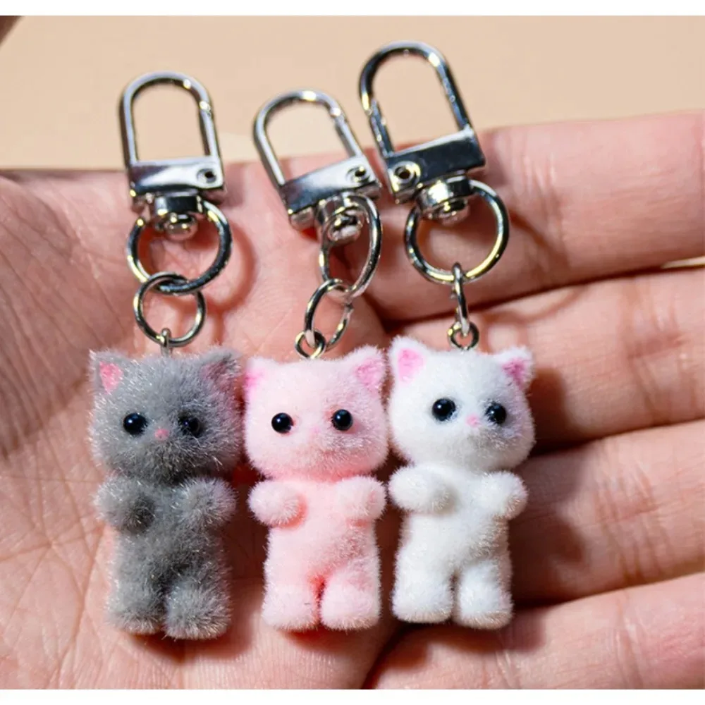 Cute 3D Flocking Kitten Keychain Simulation Animal Hobby Cartoon Doll Girl Keyring Car Bag Purse Phones Pendant Key Ring Gift* view 4