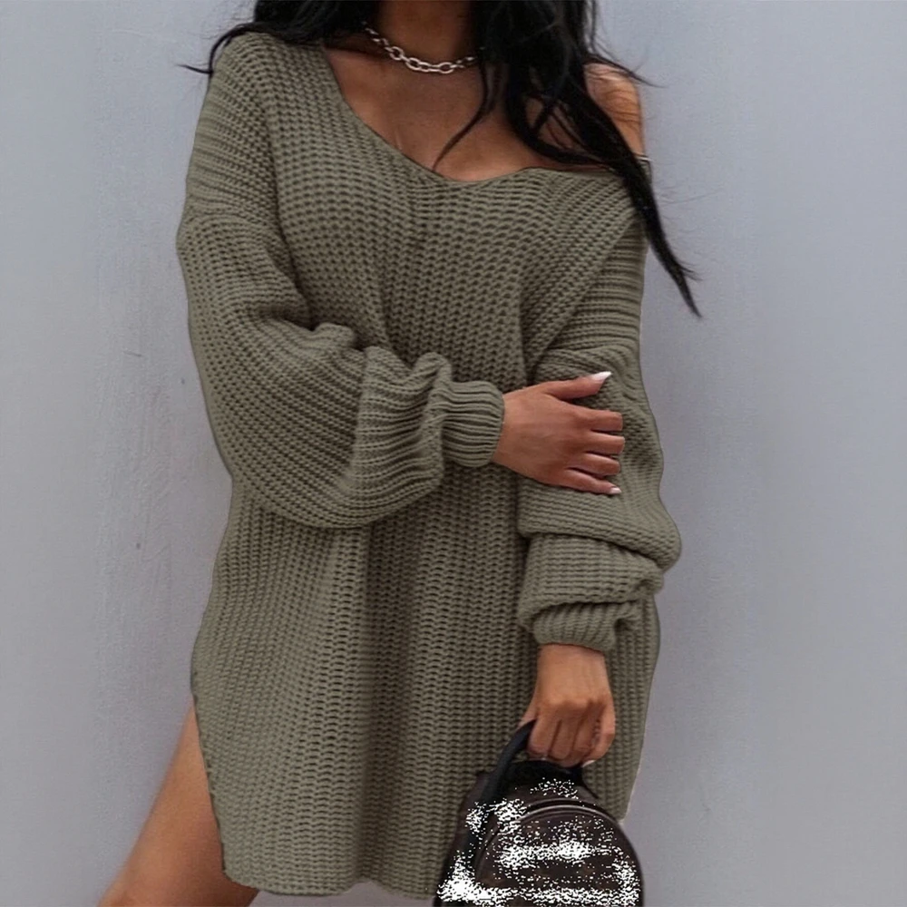 

Women's Autumn Sweater Simple Sexy Side Slit Long Sleeve One-Shoulder Loose Fit Casual Style for