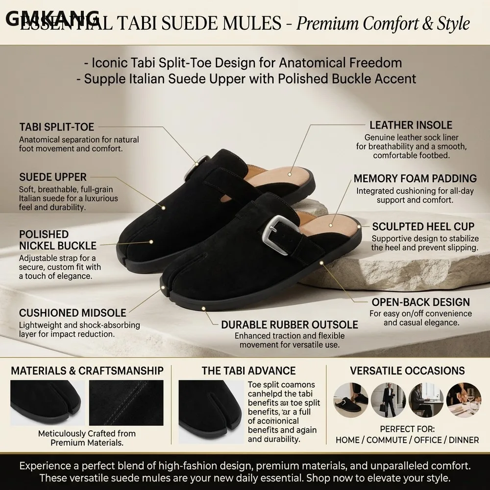 Women’s Suede Split-Toe Mule Sandals Flat Slip-On Half Shoes Chunky Heel Casual Summer Walk Loafers