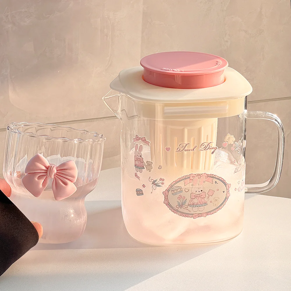 1000ml Cute Bow Shaped Glass Teacup, Household High-value Glass Cup, Girls\' Water Cup, Juice Milk Cup