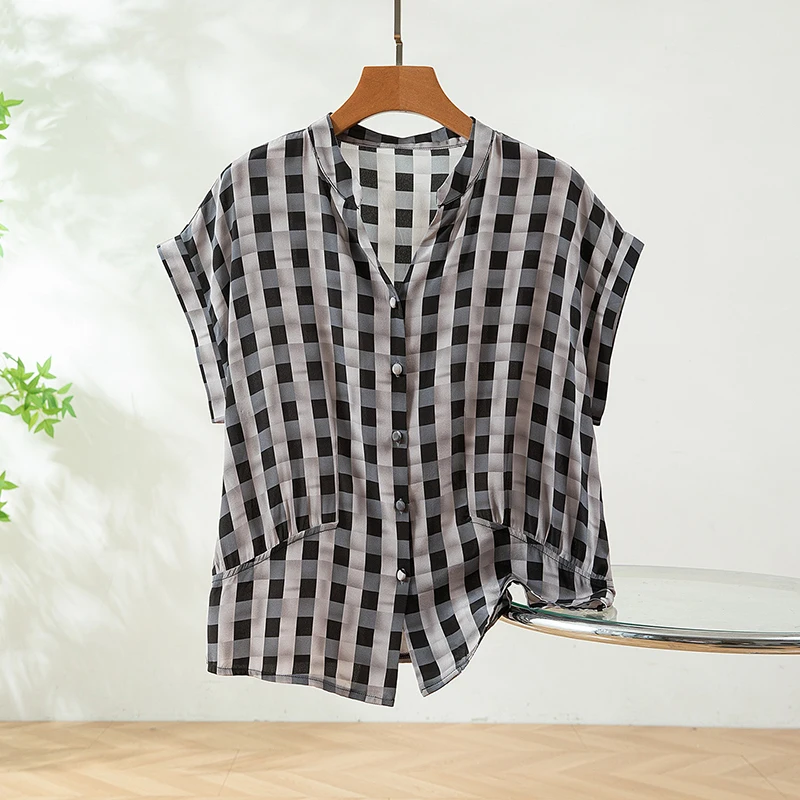 

100% Mulberry Silk Crepe Silk Women Blouse Loose Type Black Checks Printed Button Down Half Sleeve Top Shirt Summer QQ039