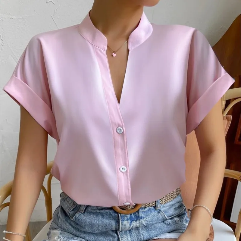 2024 Summer V-neck Women\'s Shirt Casual Office Lady Solid Color Short Sleeve Single Breasted Elegant Women Blouse Femme Blusas