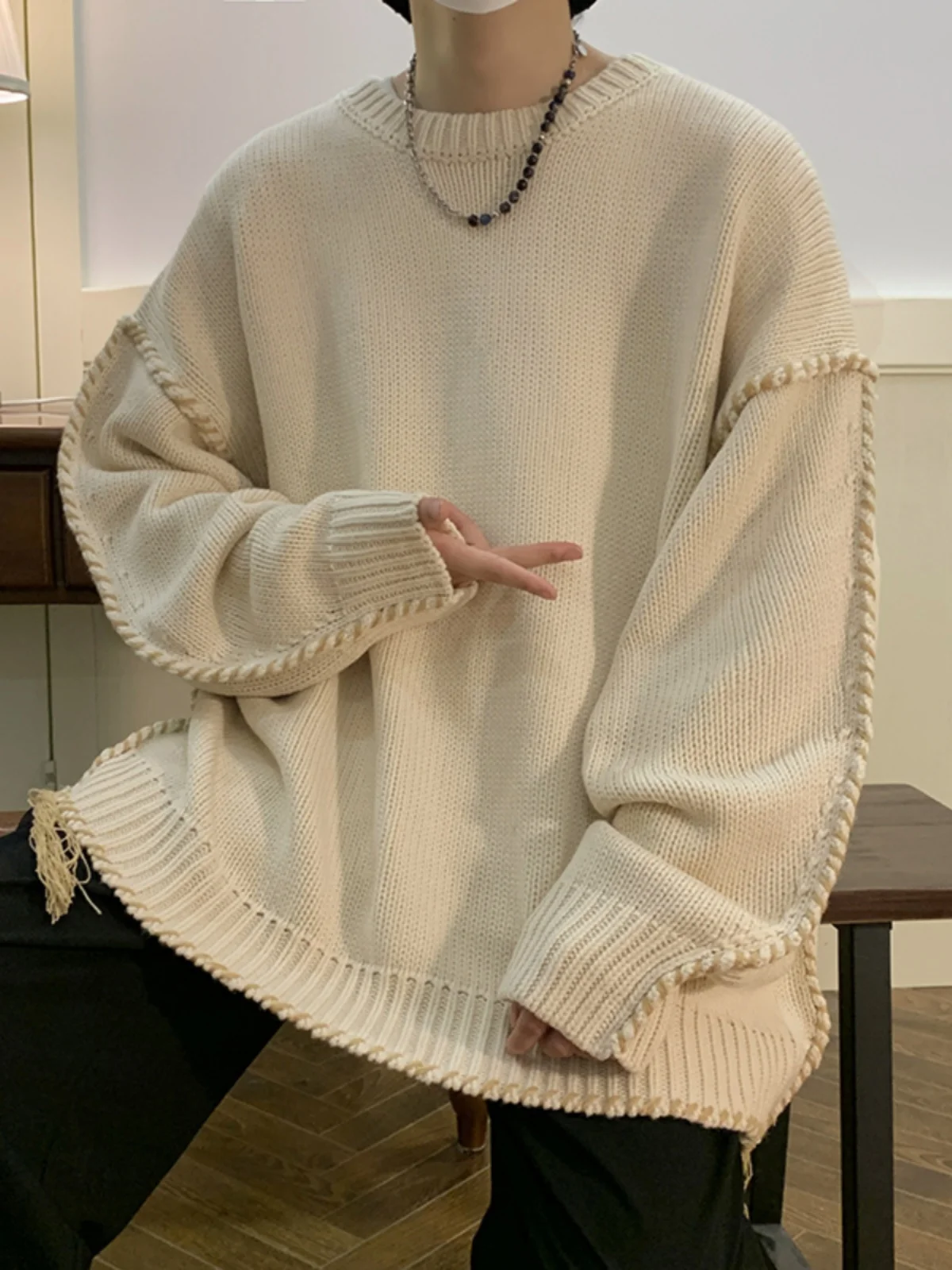 

Мужской вязаный свитер на осень-зиму, новый, ручной работы, с бахромой, в американском ретро-стиле, базовый, с длинным рукавом, круглым вырезом, повседневный.