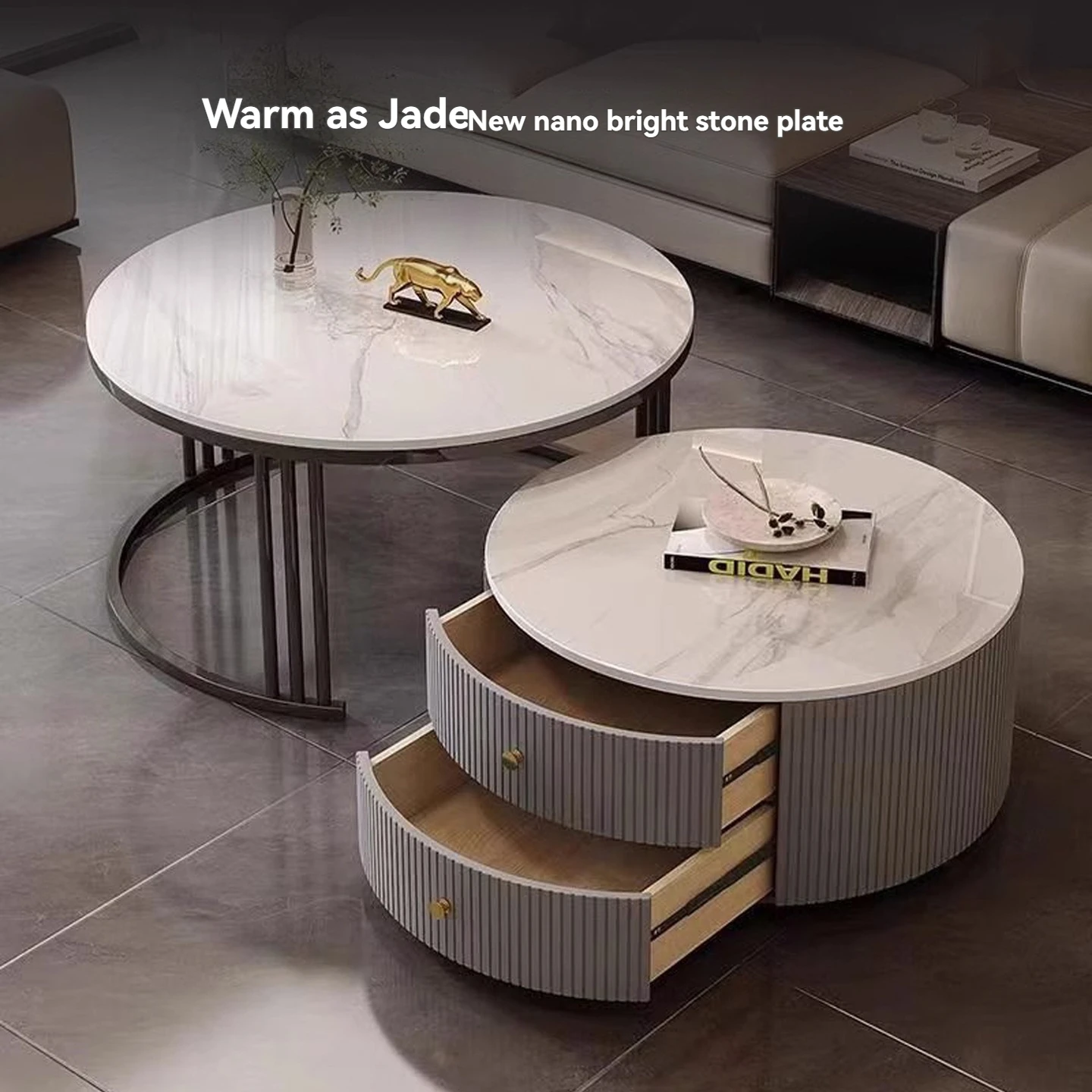 For Modern Round Nesting Coffee Table Fluted with Drawer for Home Living Room 31.5'' Extendable Coffee Table with Storage&Wheels