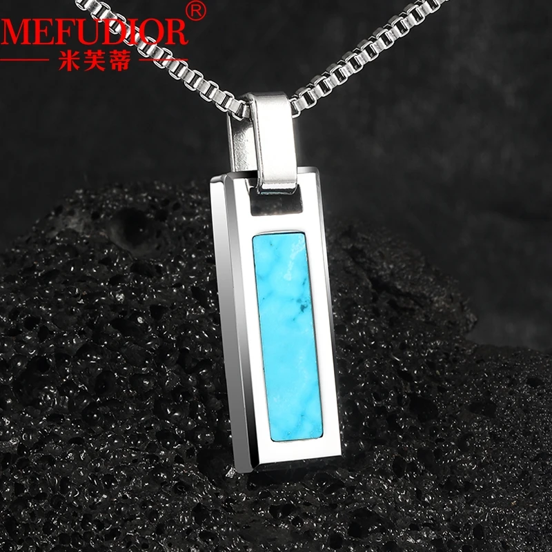 Tungsten Gold Necklace for Men Inlaid Turquoise\Onyx White Gold Color Male Pendants 55cm Chain Hip Hop Couple Party Jewelry Gift