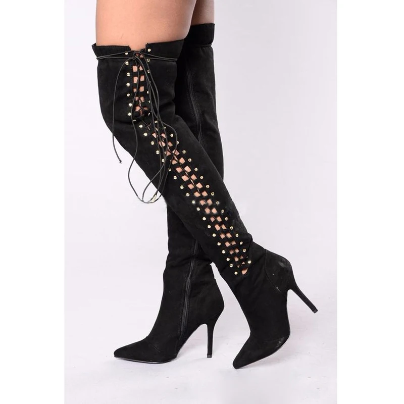 Black Grey Suede Woman Side Eyelet Thigh Boots Thin High Heels Over The Knee Boots Mujer Shoes Woman Long Knight Boots