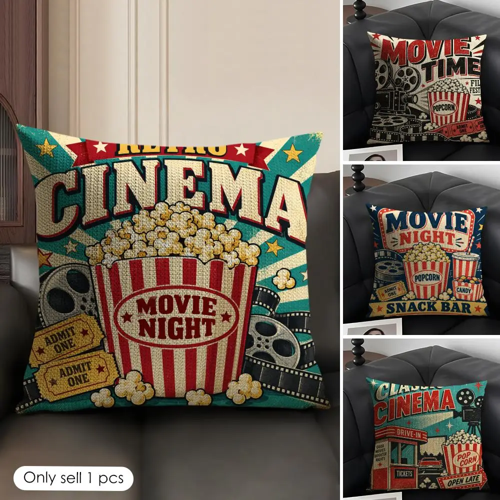 Cinema & Popcorn Retro Style Cushion Cover Skin-Friendly Organic Linen Pillow Cover Durable Hypoallergenic Washable Soft