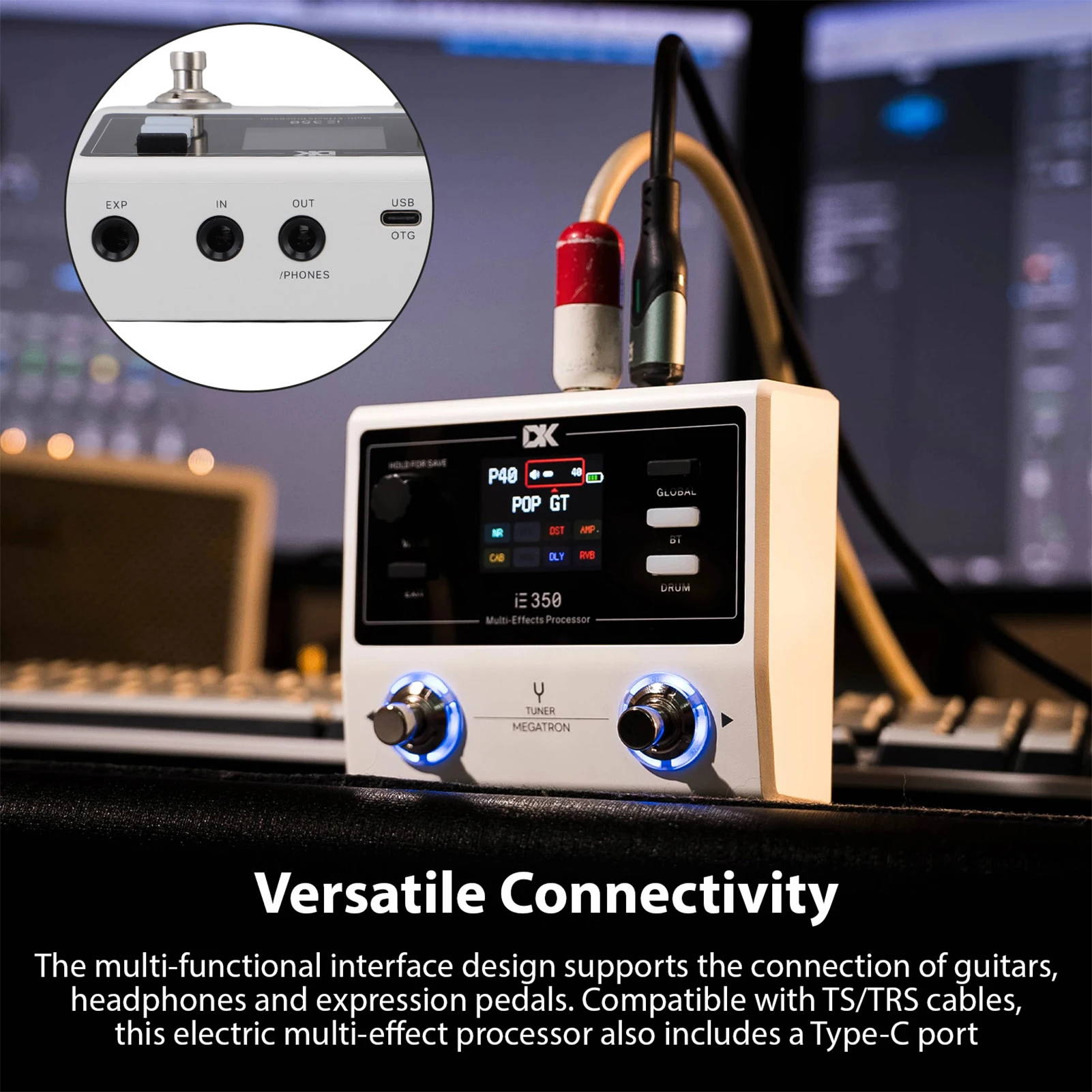 

Portable DK Guitar Multi Effects Pedal with 1.7 Inch Color Screen 24bit 44.1kHz Sound Processing BT 5.0 Built-in Drum Machine