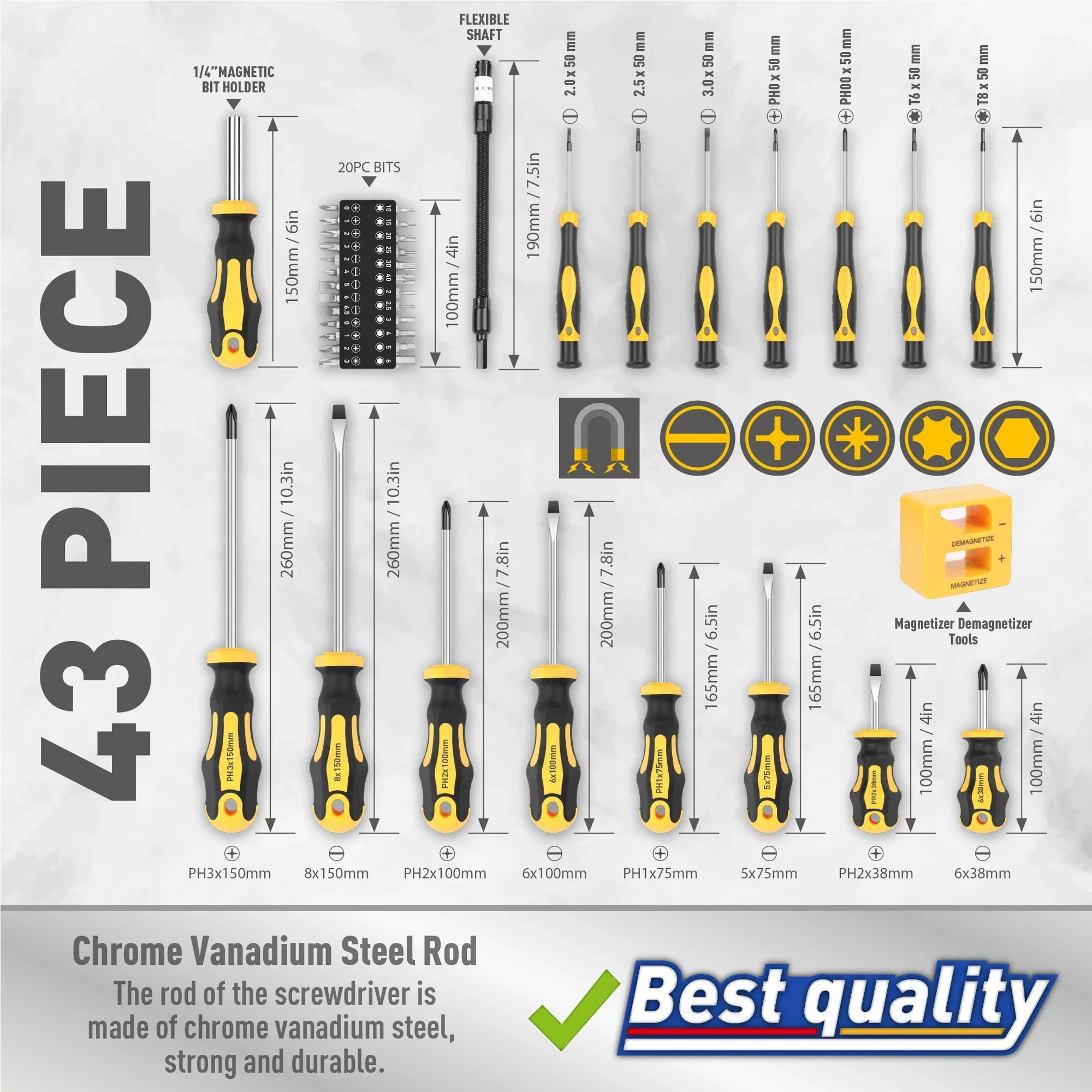 43pcs Professional Magnetic Screwdriver Set with Chrome Vanadium Steel Slotted Phillips Hex Torx Bits Precision RodDurable Case