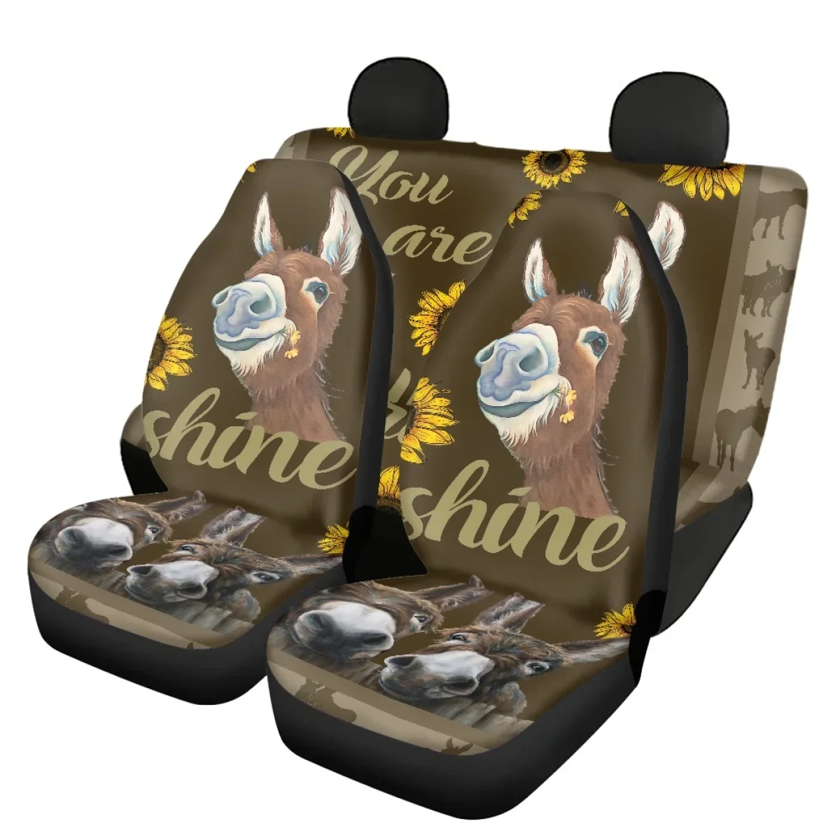 Car Seat Covers Funny Donkey 3D Print Set of 4 You Are My Sunshine Theme Non-skid Front and Back Vehicle Seat Cushion Design