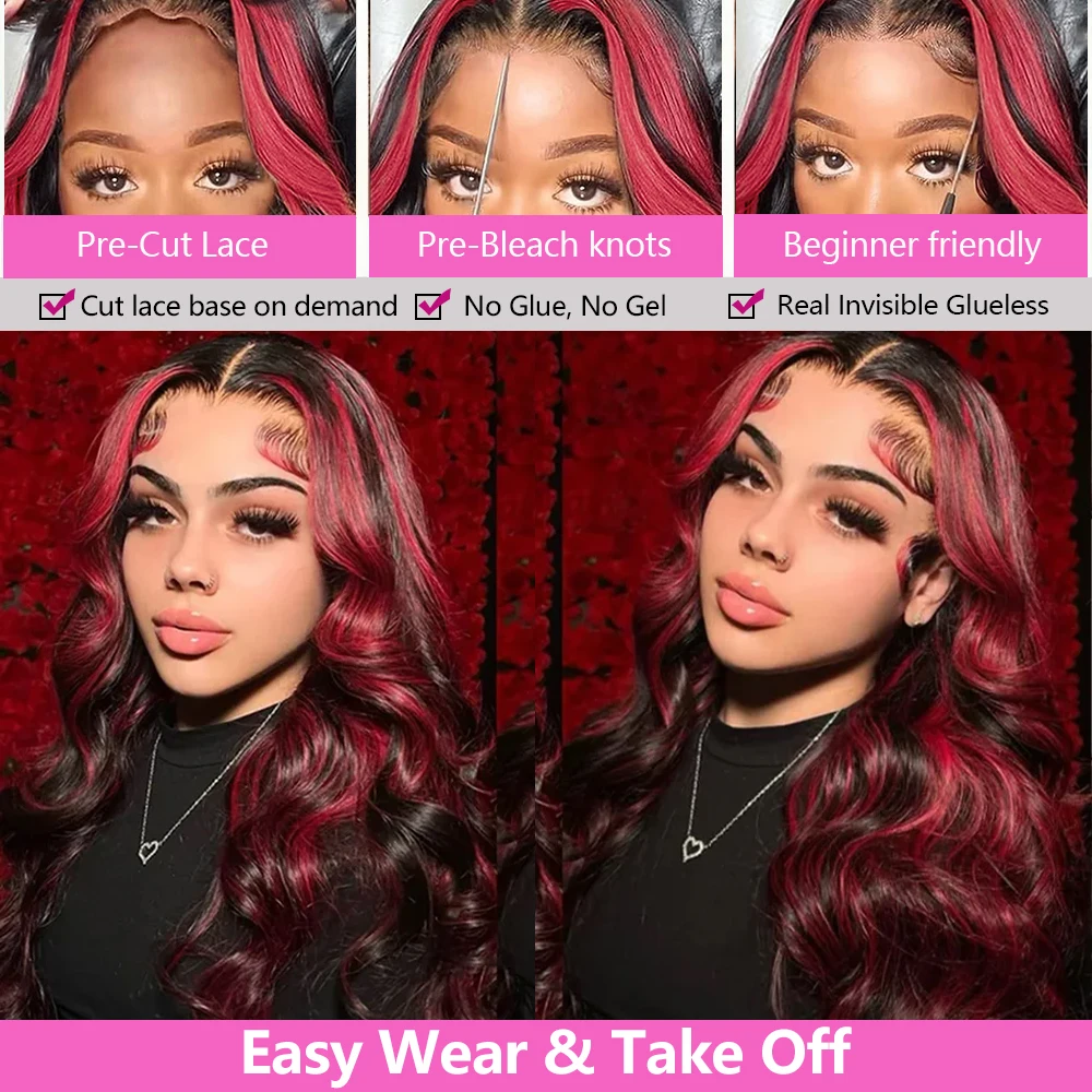 Ombre Red With Blonde Highlights Body Wave 5x5 Glueless Wigs Human Hair Burgundy for Women Pre Plucked 200 Density Colored Wig image 4