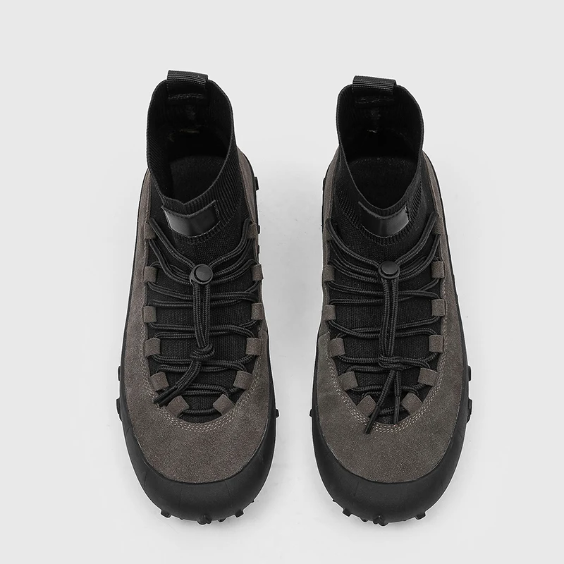 Uniquely Designed Retro Men Suede Patchwork Socks Boots with Elastic Fly Woven Socks Thick Sole for Hiking Couples Outdoor Boots