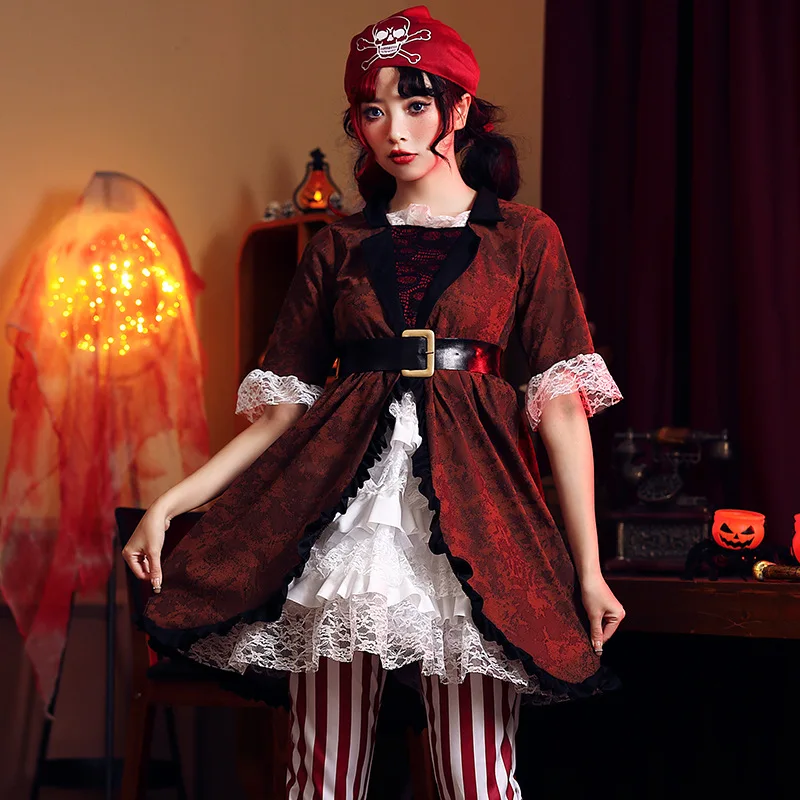 

Хэллоуин Ночной костюм пирата Коричневый полосатый кружевной наряд Одежда для выступлений на сцене Женская этническая мода