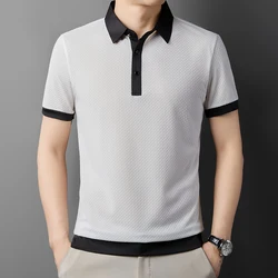 Summer Trend Men's Business Casual Polo Shirt Short Sleeve Breathable Versatile Bone Flower Lapel T-shirt Ice Silk Top