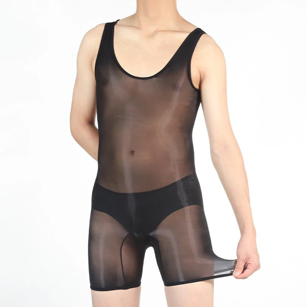 Lingerie seksi pria Bodysuit tipis berkilau minyak Bodysuit tanpa lengan melar pakaian dalam tembus pandang Jumpsuit transparan U cembung Pouch Bodysuit