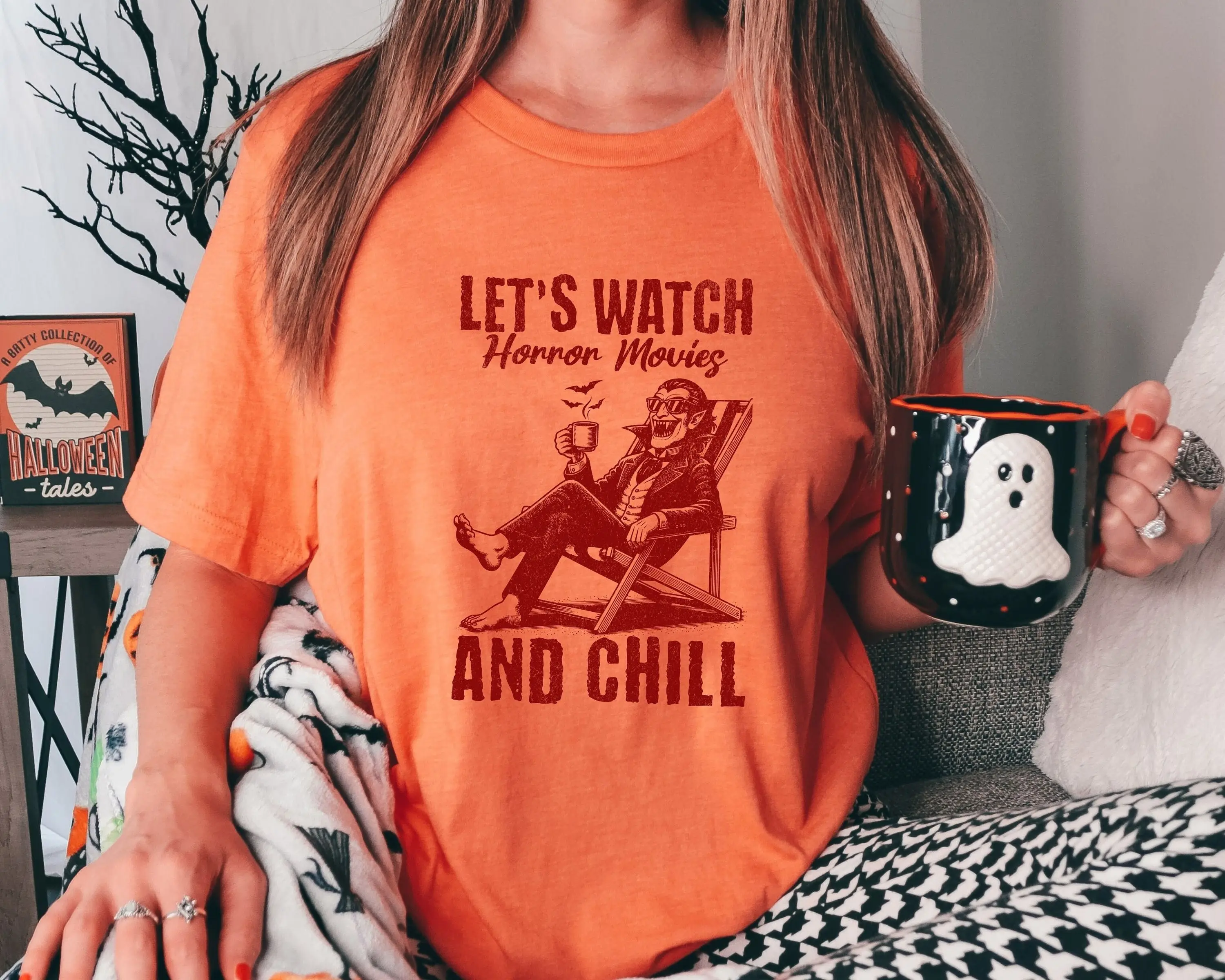 Let's Watch Horror Movies and Chill T Shirt Retro Halloween Spooky Season Movie Night Time