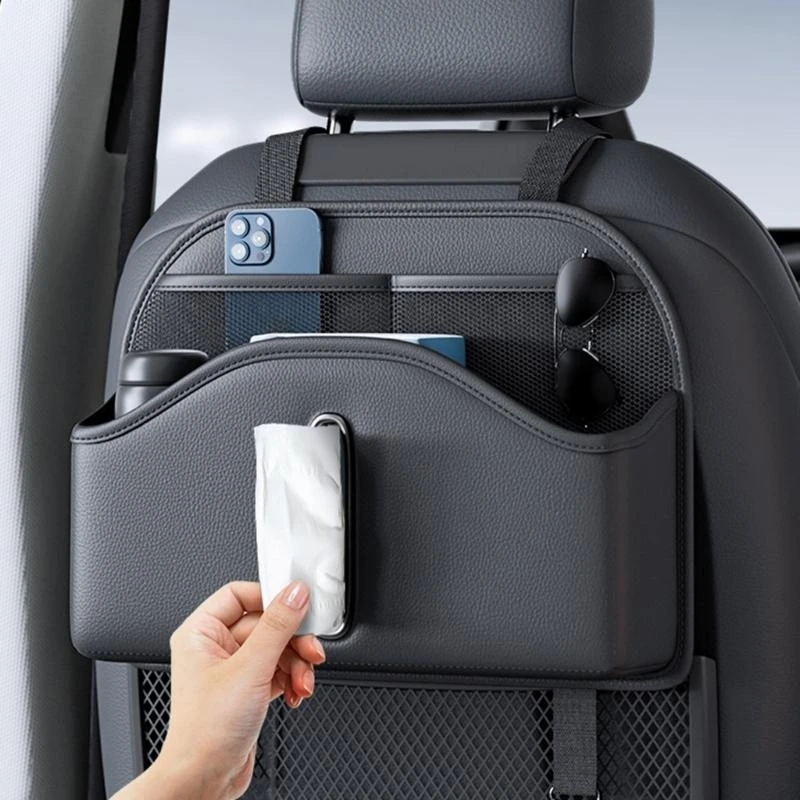 Leather Car Seats Back Organizers with Tissue Box & Cup Holder Car Interior Accessories Easy to Use for a Neat Interior H9EE