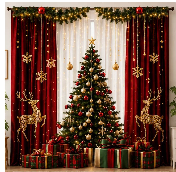 2Pcs Christmas Red Curtains, Golden Reindeer Snowflake Xmas Tree Gift Box Rod Pocket Window Drapes Polyester Holiday Home Decor