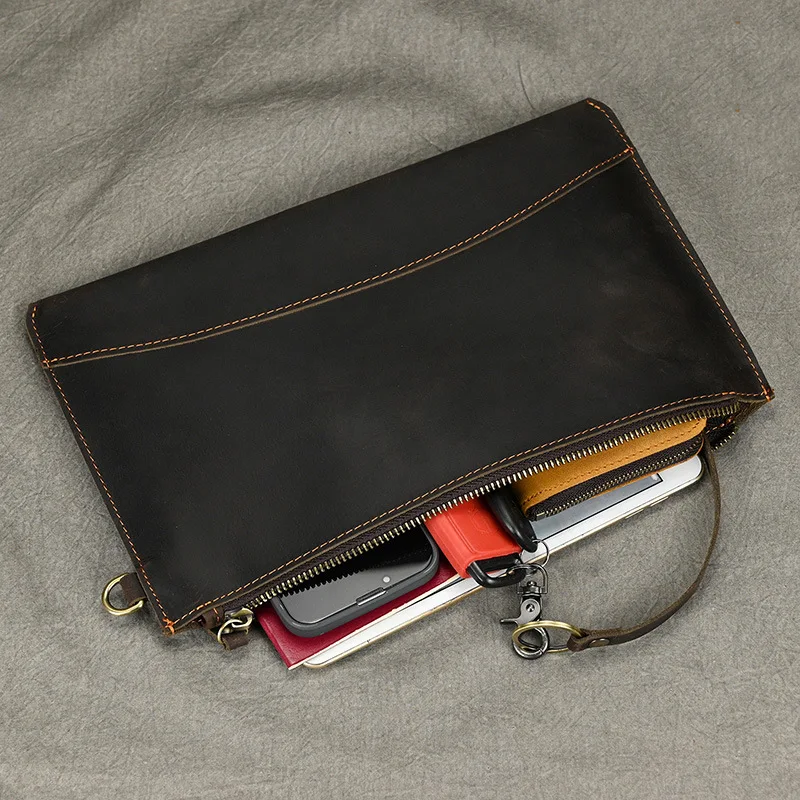 حقيبة يد من الجلد الطبيعي للرجال، حقيبة يد من جلد كريزي هورس، تخزين مسطح، محفظة أعمال ذات سعة كبيرة