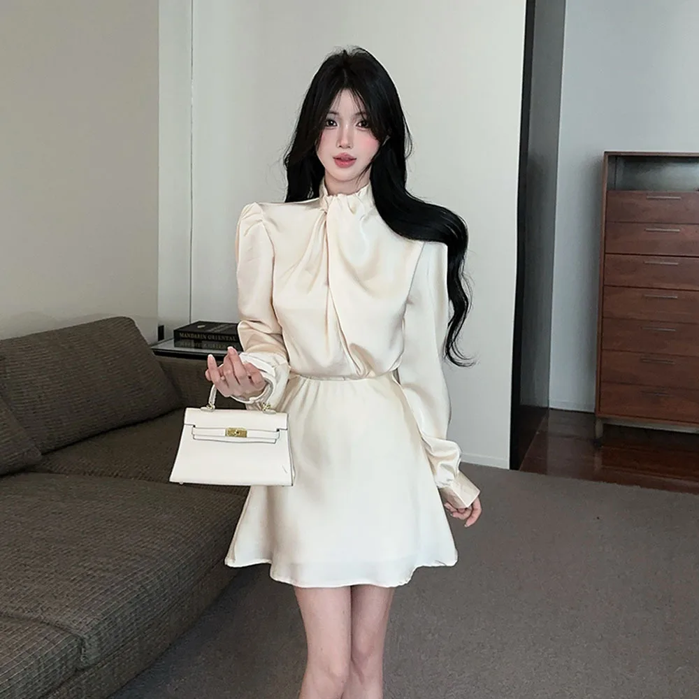 

Elegant Satin Shirt And Skirt Two-Piece Set for Women Sexy Casual Fashion Autumn Collection Long Sleeve T-Shirt Style