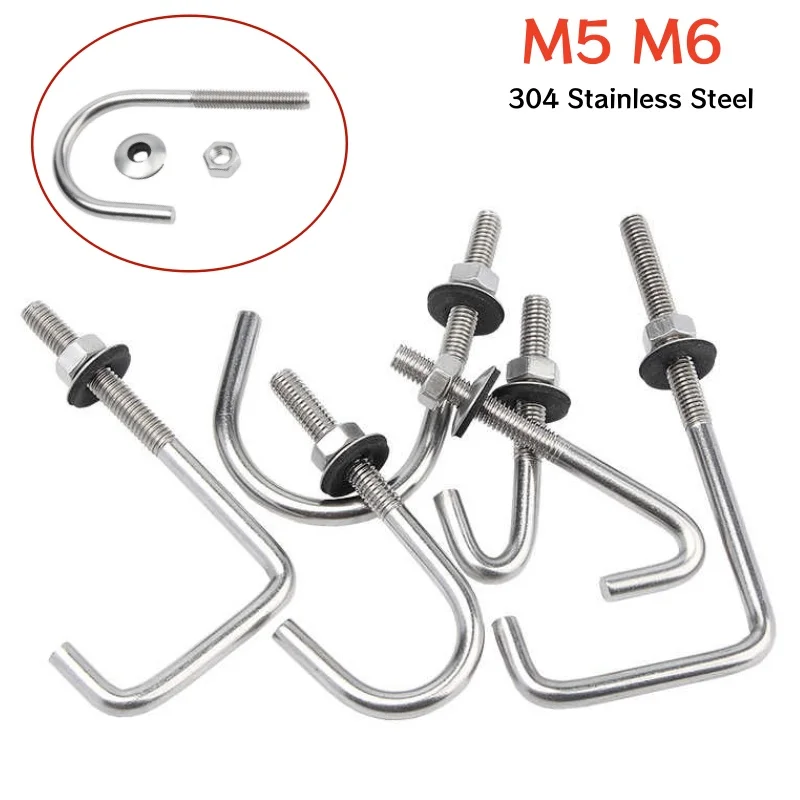 5/10pcs 304 Stainless Steel Irregular Bolt Circular/Right Angle/Square Corrugated Hook Nail with Hex Nuts & Washer M5 M6
