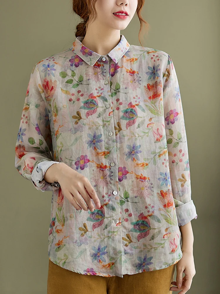 2023 Spring Autumn Fashion Cotton Linen Floral Blouse Women Button Cardigan Shirt Top Female Chemises Elegant Casual Clothes