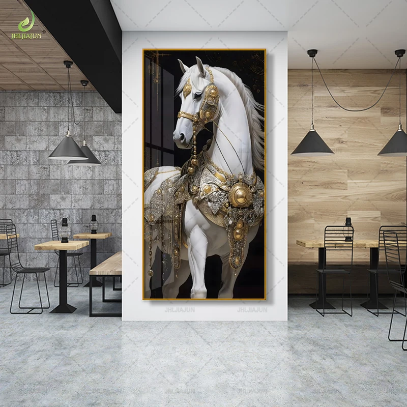 Modern White Horse Pass Background Gold Frame Crystal Porcelain Mural Home Decoration LED Wall Art