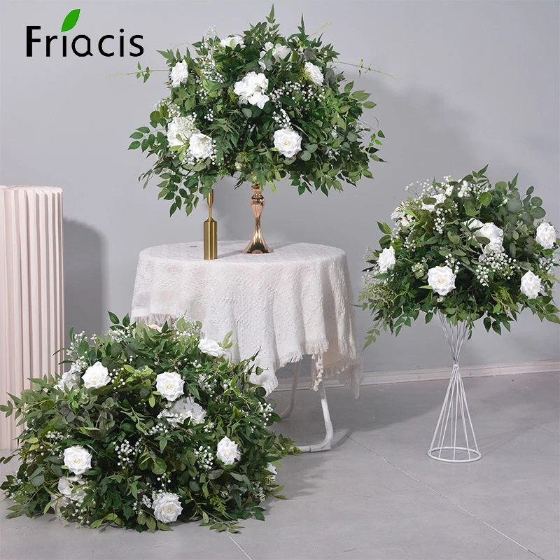 Green Plant Leaf Artificial Flower Ball White Rose Greenery Arrangement Wedding Table Centerpiece Floral Ball Banquet Party Prop