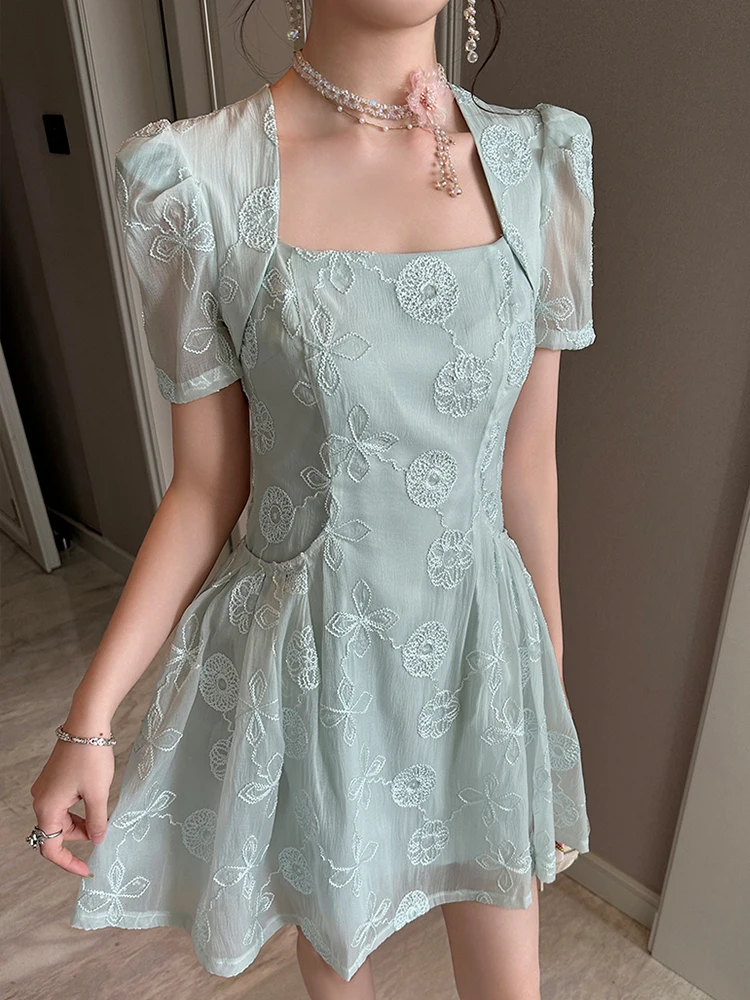 French Style Date Mini Dress for Women Kawaii Cute Banquet Short Sleeve Folds Pockets Swing Ball Gown Lady Party Female Vestidos