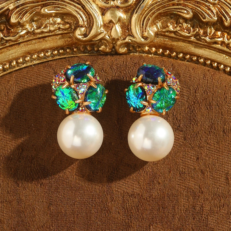 

Vintage Green Opal Earrings White Pearl Luxury Designer Jewelry Colorful Three Leaf Stud Accessories For Women Trends 2025 New