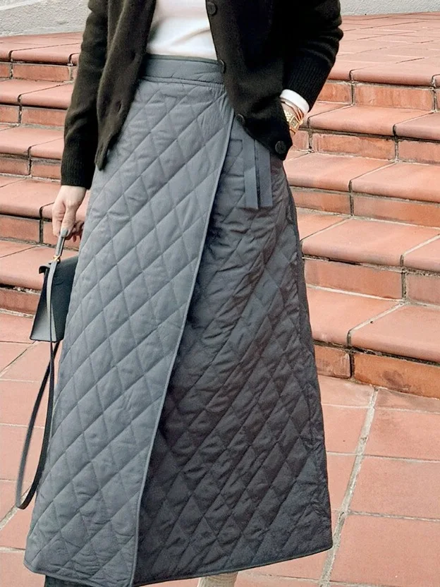 Slimming A-Line Skirt Korean Style Half-length Belted Cotton Grid Early Spring New Women's Fashion Long Diamond Corner Skirt