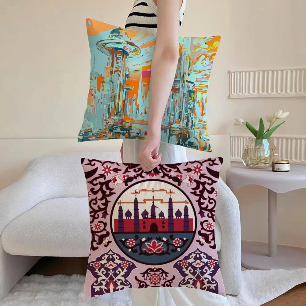 Vibrant Geometric Abstract City Art Oil Style Cushion Cover Iceland Washable Linen Soft  for Daily Sofa Bed Home Room Decor