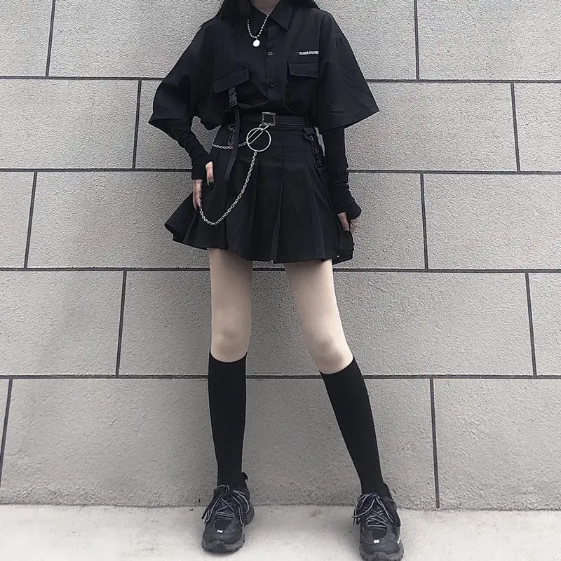 Vintage Loose Solid BF Gothic Two Piece Set Women Summer Casual Korean Button Shirt and Black Pleated A-line Mini Yk2 Skirt