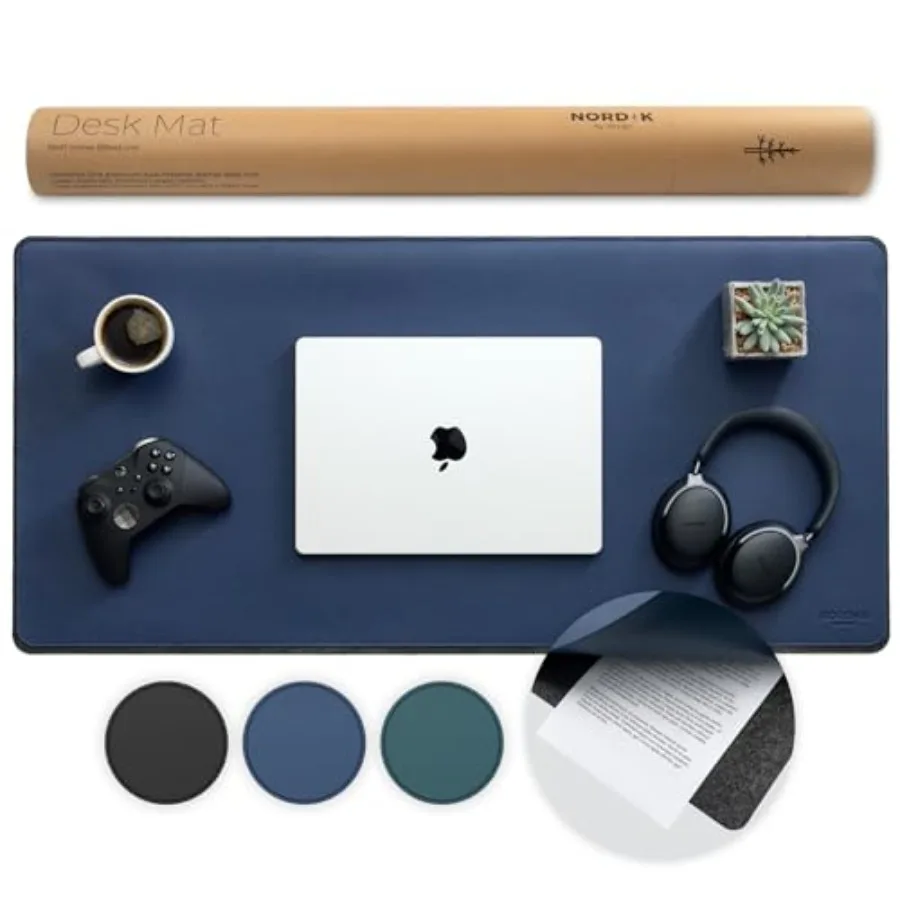 Nordik Felt and Leather Desk Mat Non-Slip - Blue - 35 X 17 Inch - Felt and Vegan Leather Desk Pad - Document Organizers - Desk