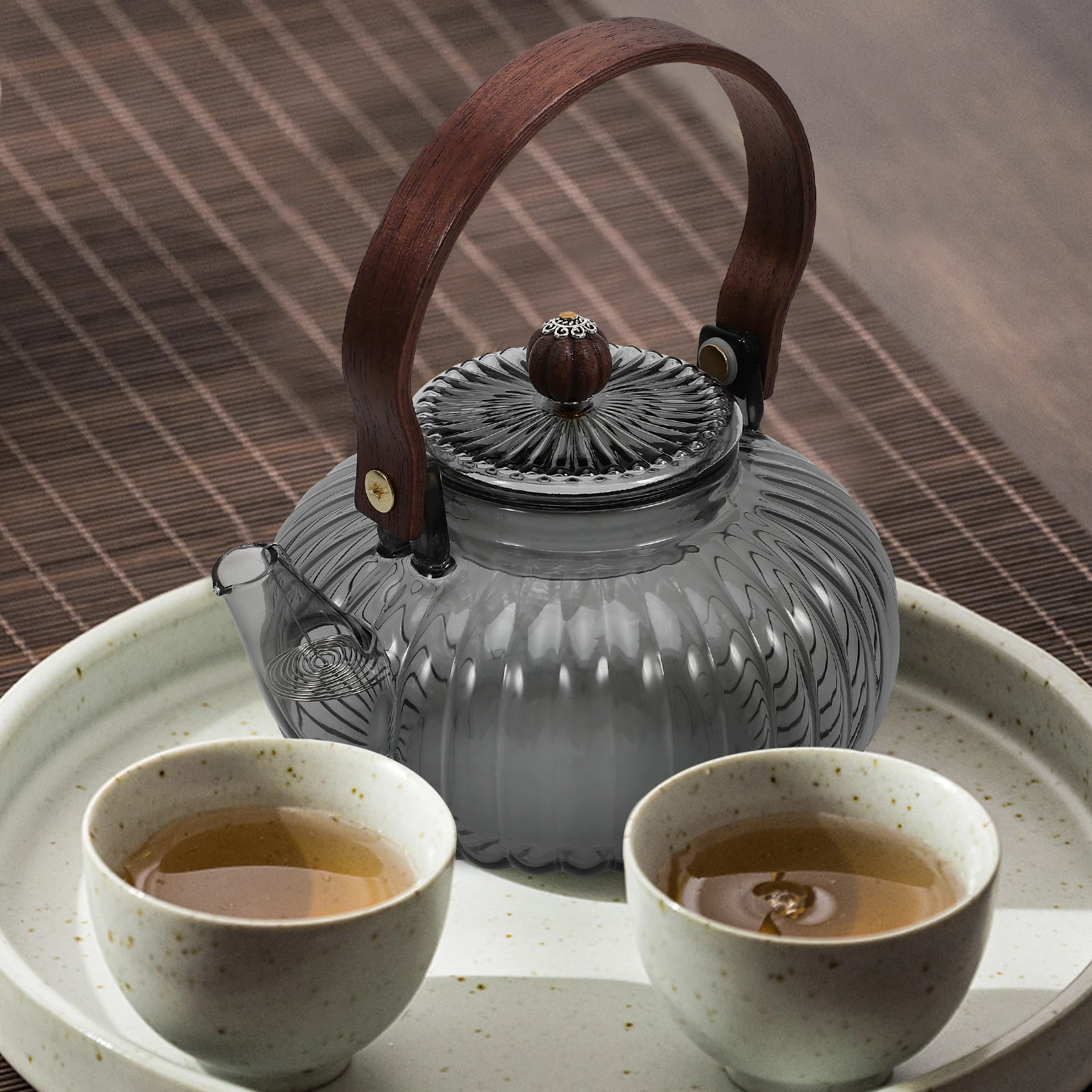 

Glass Teapot Gray Pumpkin Shape Smooth Easy Clean Comfort Grip Stylish Home Office Use Tea Kettle Flower Pot Glass