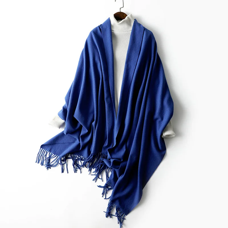 Lady Autumn Winter Solid Color Thicken Dual Purpose Scarf  Poncho 30% Australian Wool Warm Shawl Wrap Women Fashion Tassel Scarf